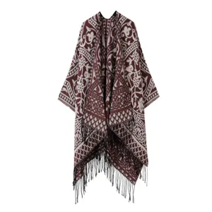 Etnischer Stil Quaste Kaschmir-Gefühl Schal Umhang, Vintage Muster Poncho Cape warm.