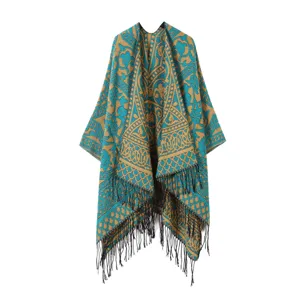 Ethnischen stil gemusterter quasten schal umhang, modischer warmer imitat kaschmir poncho.