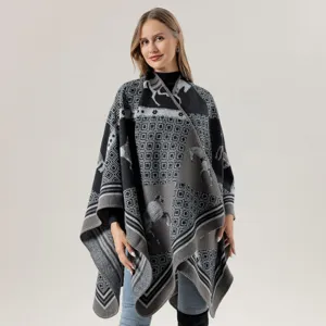Women Retro Horse Pattern Faux Cashmere Shawl Fashion Warm Open Split Cloak Ethnic Style Winter Blanket Scarf