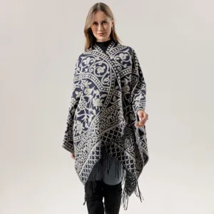 Damen ethnischer Print Fransen Poncho stilvoll warme Kunst Kaschmir Cape Wende Schal