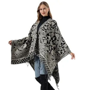 Schwarzer weißer ethnischer Fransen Umhang Schal warmer Kunstkaschmir Poncho Damen