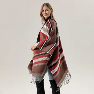 Stylish ethnic pattern fringe poncho cape for women, warm winter blanket wrap outerwear.