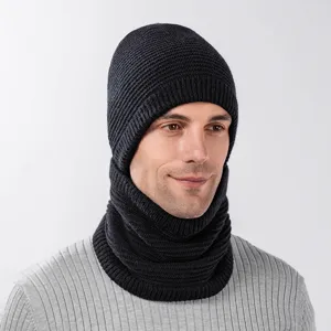 Detail view of the black knit beanie and neck warmer set, showcasing the fine ribbed texture.