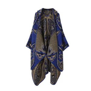 Damen Kapuze Strick Cape Winter ethnisch Blumen Poncho Schal Oberbekleidung warm stylish