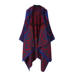 Retro Kapuzen Strick-Umhang für Damen und Herren, Herbst Winter warme Vintage Ethno Muster Schal