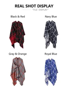 Detail view of the stylish plaid cape featuring a chic side tie design for warm autumn wear.