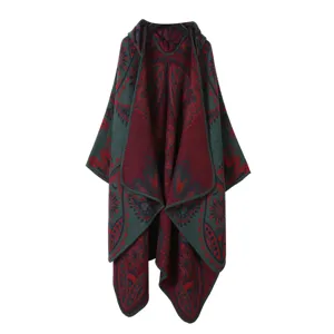 Damen Retro Kapuze Strick Umhang Poncho Vintage Blumenmuster Herbst Winter warmer Schal.