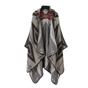Chal de capa con capucha de punto con estampado geometrico etnico, poncho de otono.