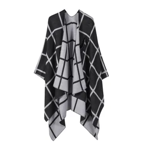 Black and grey plaid knit cape open front winter warm poncho shawl detailed design view