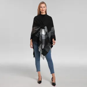 Damen lässiger Fransen Karo Poncho Schal für Herbst Winter warmer stylischer Umhang
