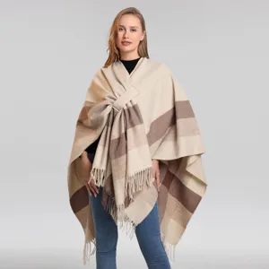 Damen Karo Fransen Poncho Schal mit Riemen, Herbst und Winter Imitation Kaschmir Cape.