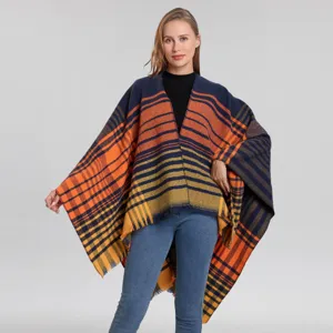 Mujer Vintage Cuadros Rayas Chal Capa Espesado Cálido Imitación Cachemira Flecos Parte Delantera Abierta Manta Envolvente Poncho
