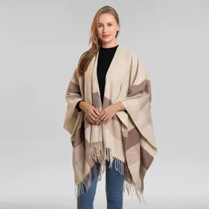 Damen Winter Quasten Poncho Karo Kaschmirgefühl Umhang offene Vorderseite lässig Mantel