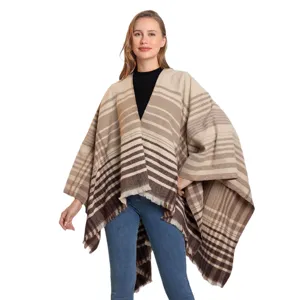 Poncho capa de cuadros vintage clásico para mujer, chal de invierno grueso y cálido abrigo.