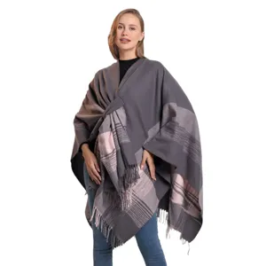 Damen Karo Quaste Poncho Schal Winter warm lässig gemütlich Mode Oberbekleidung elegante Cape Mantel