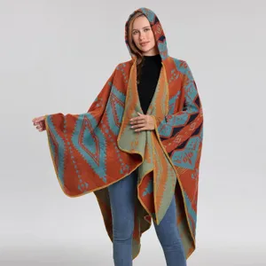 Mujeres Moda Étnica Patrón Geométrico Imitación Cachemira Capa con Capucha Chal Otoño Invierno Cálido Ropa Casual De Abrigo