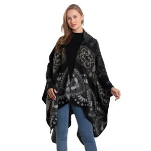 Damen Elegant Retro Jacquard Kapuze Umhang Herbst Winter Warme Strick Schal Poncho