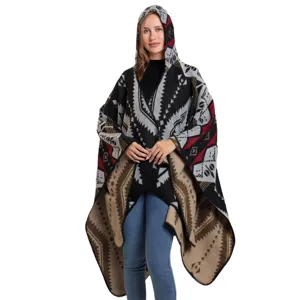 Poncho capa con capucha de patrón geométrico étnico, elegante chal cálido de invierno.