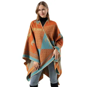 Women boho open front knit cape vintage horse pattern cozy winter warm blanket poncho shawl