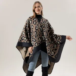 Châle en Fausse Cachemire Mode pour Femmes Imprimé Léopard Cape Poncho d'Hiver Chaud Décontracté Enveloppe d'Écharpe