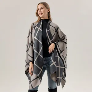Women Winter Plaid Poncho Casual Open Front Knit Cloak Warm Cape Outerwear Fashion Shawl