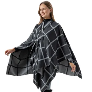 Women winter warm plaid poncho cape with side slit and strap design, elegant grey outerwear.