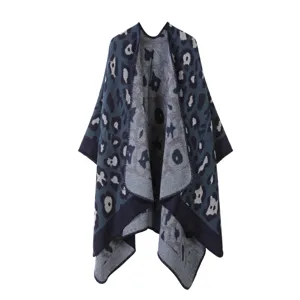 Femme bleu imprimé léopard abstrait tricoté ouvert poncho capa châle chaud cachemire