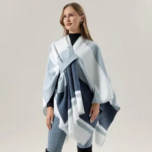 Damen Kunstkaschmir Schal Farbblock Fransen Decke Wrap Offene Front Poncho Cape Winter Warme Mode Schal