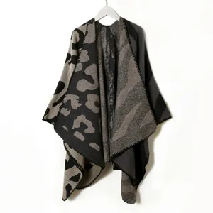 Autumn Winter Knitted Poncho Shawl Leopard Print Warm Casual Cape for Women Casual Wear