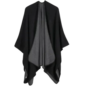 Women black grey reversible cape poncho autumn winter warm cashmere feel shawl cloak