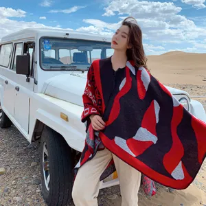 Thick knitted shawl winter cape blanket wrap for women outdoor desert travel style detail view