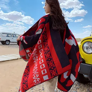 Thickened knitted shawl cape for women, stylish autumn winter warm cashmere feel wrap scarf.