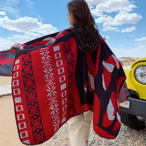 Thickened imitation cashmere knit shawl cape, stylish red black geometric pattern blanket.