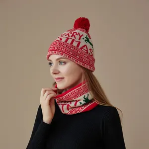 Ensemble Bonnet et Écharpe en Tricot de Noël Hiver Chaud Doublé Polaire Pompon Renne et Tour de Cou