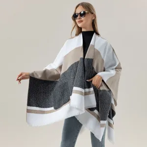 Women color block poncho cape shawl, cozy imitation cashmere winter outerwear with fringe.
