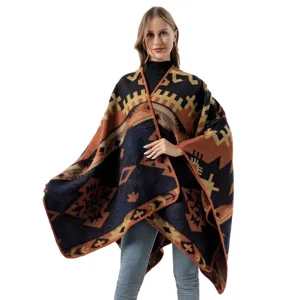 Damen ethnischer geometrischer print poncho kaschmir touch winter warme cape mantel