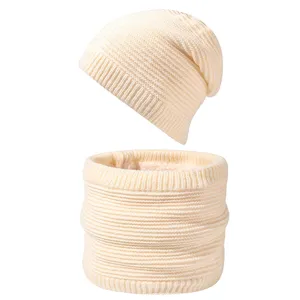 Winter knit beanie and scarf set thick warm fleece lined striped cap for men and women