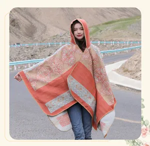 Detailed look at retro ethnic hooded shawl cloak, thick warm winter travel cape item.