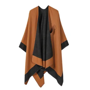 Damen Farbblock offene Vorderseite Poncho Cape warme stilvolle modische Winterdecke