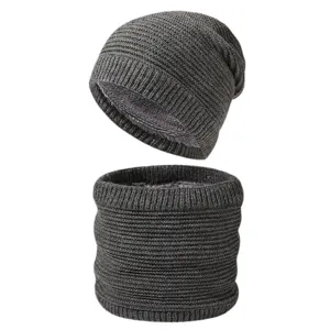 Winter thick thermal knitted beanie hat and neck warmer set for men and women, grey.