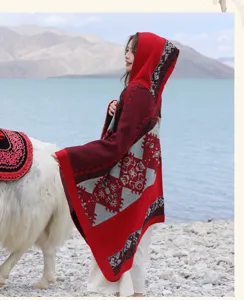 Autumn winter ethnic vintage knitted hooded poncho cloak warm shawl for women travel