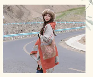 Details of the ethnic style winter warm hooded shawl, retro geometric knit cape for women.