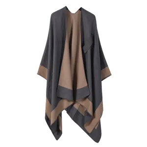 Damen Farbblock Poncho Cape Lässig Offene Vorderseite Winter Warme Decke Schal Mit Tasche