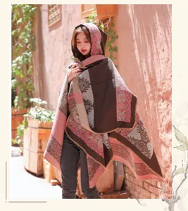 Retro ethnic style hooded knitted shawl, thick warm winter cape for women travel and daily.
