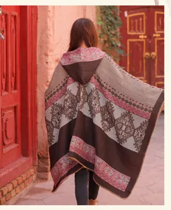 Bohemian ethnic style hooded cape women autumn winter warm thick vintage shawl cloak