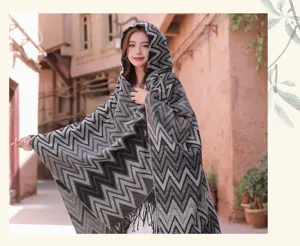Detailed view of women retro ethnic hooded winter warm chevron pattern shawl cloak.