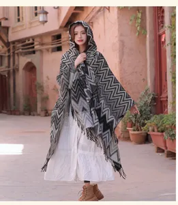 Autumn winter women hooded vintage ethnic style shawl cloak thick warm tassel blanket scarf.