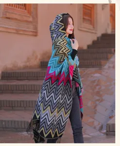 Autumn winter retro ethnic style hooded shawl, thickened warm cape for women travel.