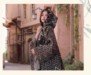 Detailed view of the autumn winter ethnic retro hooded cloak shawl with zigzag pattern.