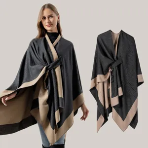 Multifunktionaler Warmer Strick Schal Umhang Damen Winter Gestreifte Decke Cape Minimalistischer Mode Casual Oberbekleidung